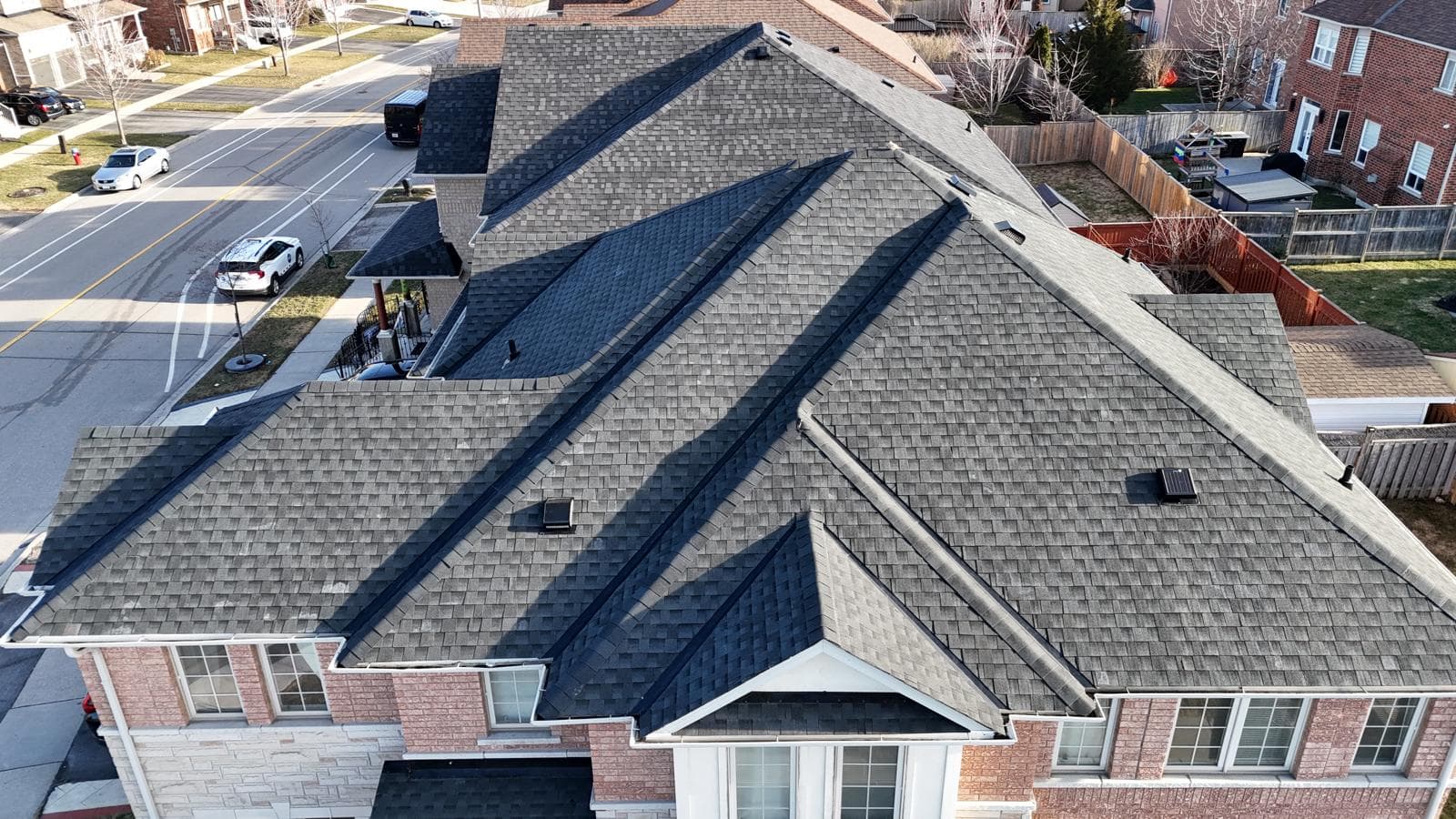 Aerial drone view of a full residential roof, every plane visible